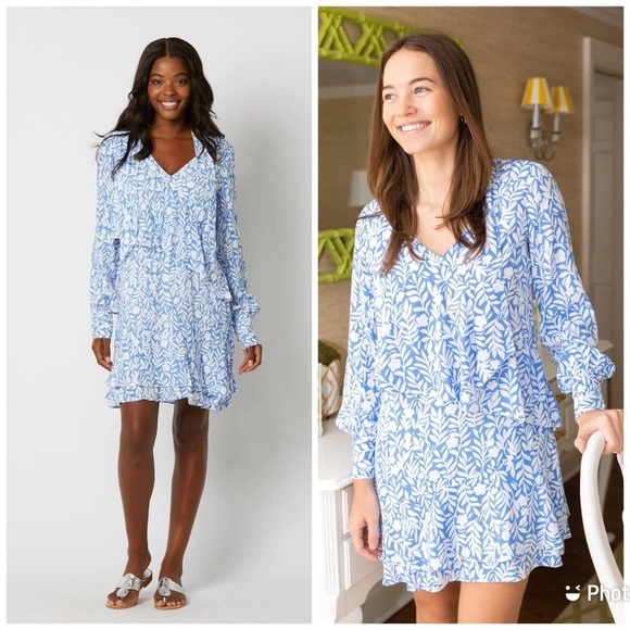 Sail to Sable Floral Vin Tie‎ Front Mini Dress Long Sleeve Blue White Sz XS - Picture 1 of 5